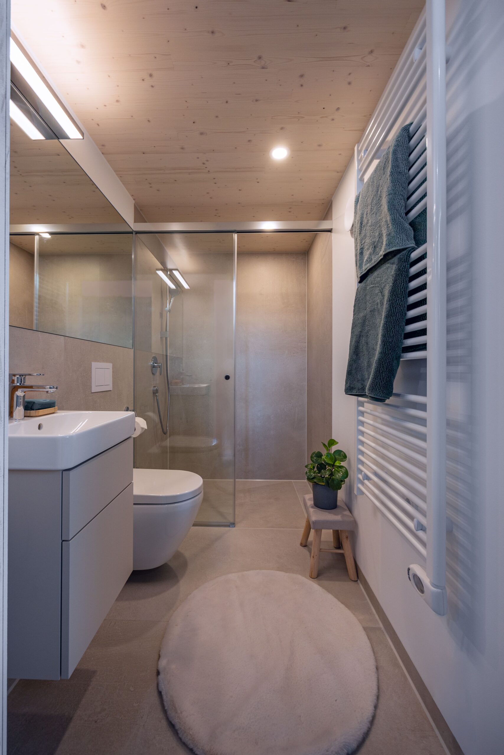 Badezimmer Inverness: Ausschnitt zeigt WC, Dusche und Waschbecken mit chromfarbener Armatur.